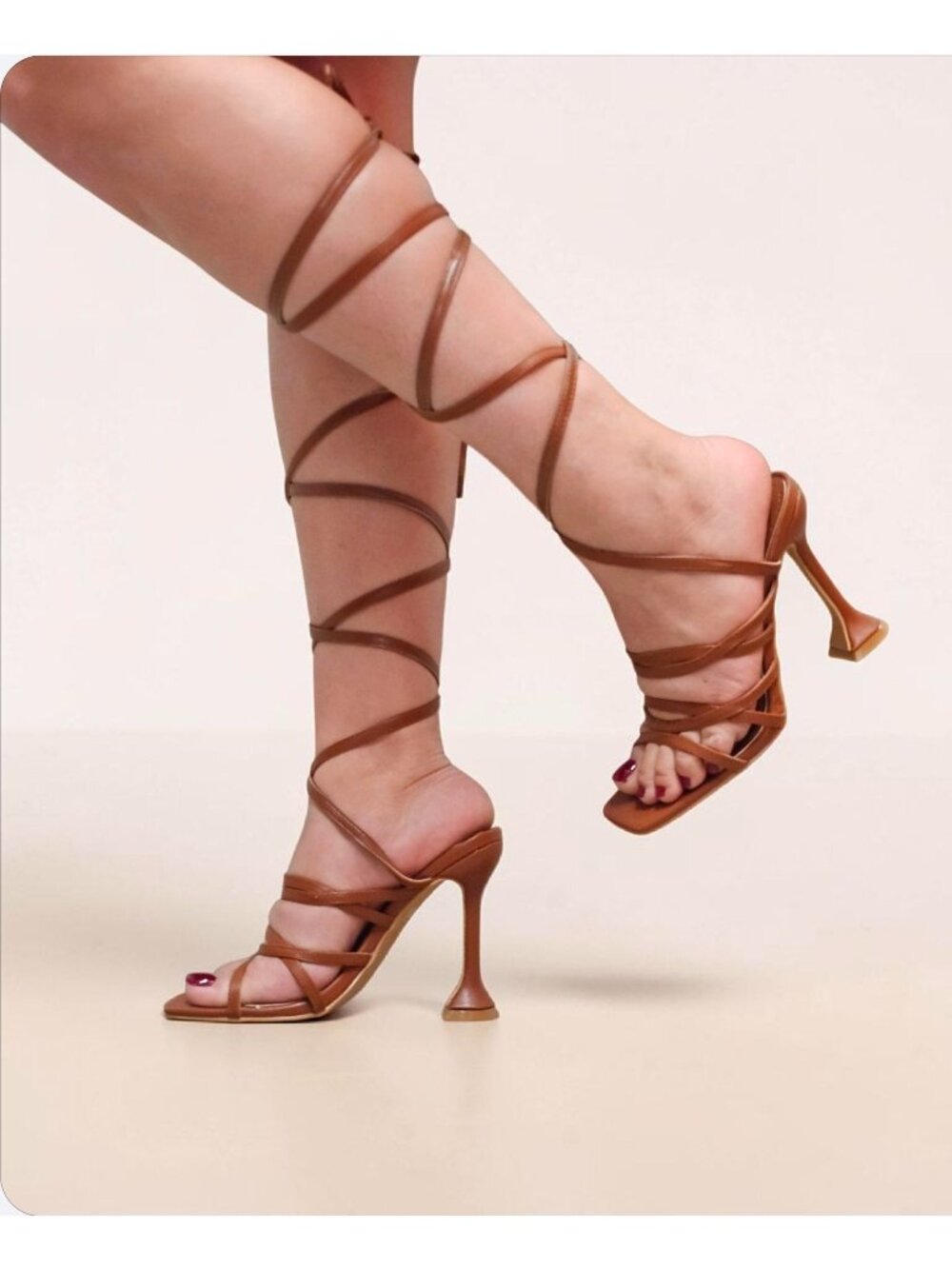 Strappy Brown Gladiator Heels With Lace-Up Design & Square Toe High Heel Sandals - Picture 14 of 16